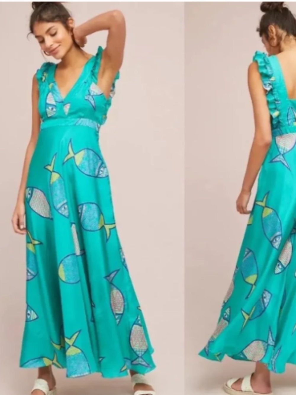Anupamaa Anthropologie 100% Silk Fish Print Maxi Dress Size 8
